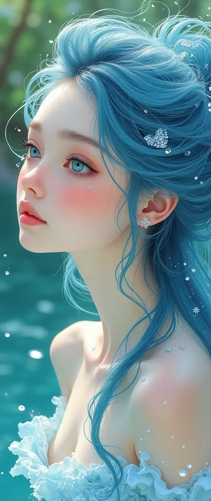 1 Girl, Water Spirit for Women ,  watercolor hair ,  has spring water in it , A few drops of water on the skin,