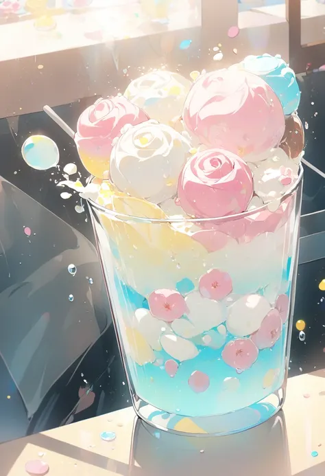  1 girl(Sit in a glass)、Eating vanilla ice cream  ((Its on a glass、 pink roses are displayed))