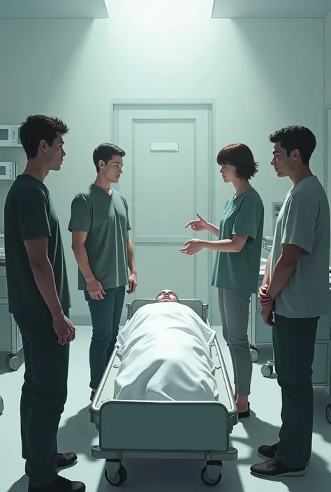 Four standing and talking infront of One dead body covered with white cloths in hospital 