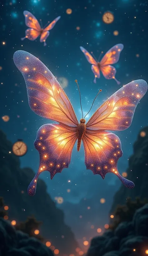 "A majestic butterfly with wings made of glowing galaxies, fluttering in a night sky filled with floating clocks and stars, blending time and space."

