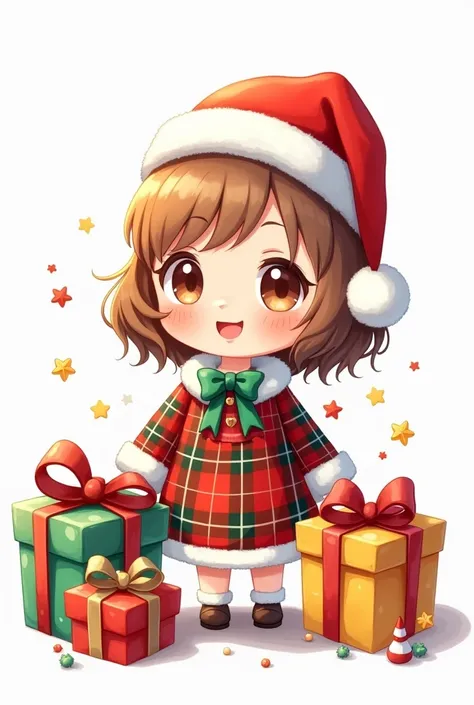 Chibi girl  dressed for christmas  gift boxes