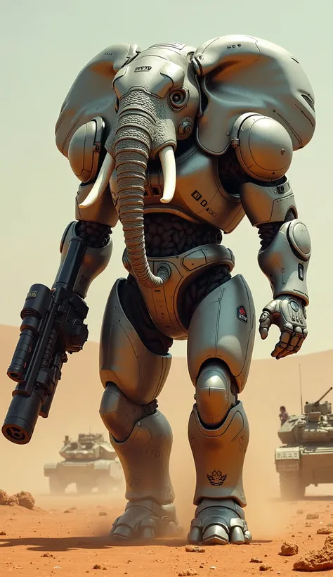 A humanoid elephant in a massive exosuit with metallic plating and digital displays. Armed with a minigun and a shoulder-mounted smart grenade launcher. The figures reinforced tusks feature holographic targeting systems.
Background: A desert military base ...