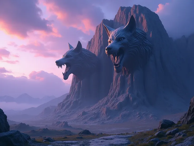 Wide shot of the mountain under the violet and blue sky, with The Forge of Eldara carved into its side. The colossal statues of Fleetfangs—deadly wolf-like beasts of immense size, their stone gazes unnervingly alive.  with entrace