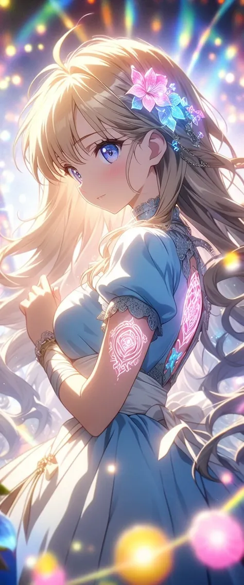 masterpiece,  top quality ,  High Definition CG Unity 8K Wallpaper ,  Anime Screenshot , Female anime character Alice in Wonderland.  Art of female anime characters with glowing neon flower tattoos and chains wrapped in a spiral shape all over their body. ...