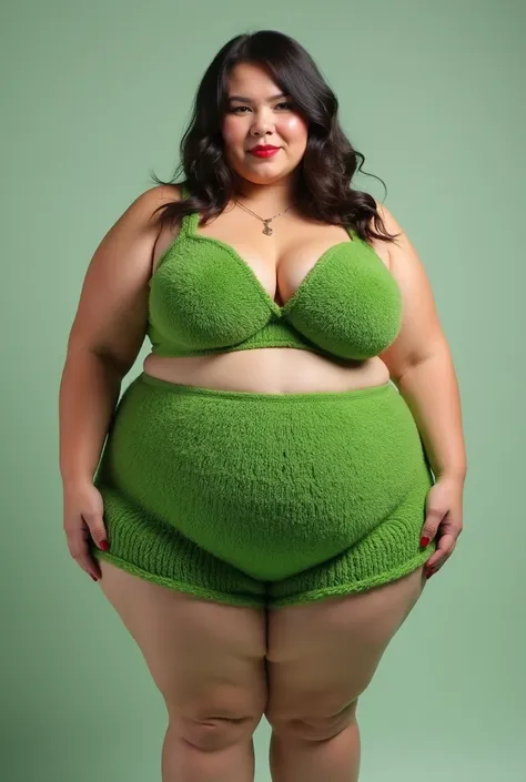 Fat woman in only panties and bra dressed like the Grinch
High waist panties yarn 
Bulging bra 
With normal skin. 
Hairless
Just the green panties and bra  