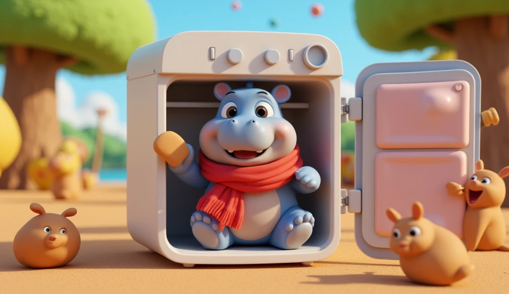  3 D animation image , vibrant color, cute hippo ,  wears red scarf ,  sitting inside refrigerator, holding bread , wave hands,  cute forest background and cute animals