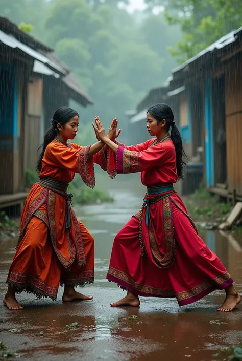 Two Indonesian women dressed in traditional Minang clothing learning martial arts amid shacks and rain