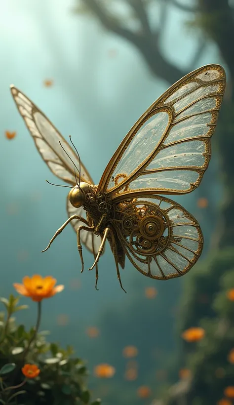 "A butterfly with transparent wings revealing intricate clockwork gears inside, surrounded by a misty landscape of shifting shapes."