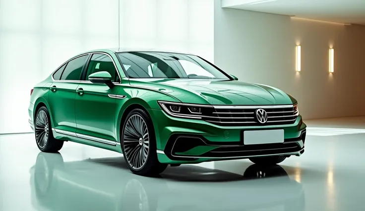 Fornt  side view of painted (Gleamy creamy    Green )with shiny clour  New (   2025 Volkswagen Passat )  Officially  sleek in large shape sedan in large size with (   2025 Volkswagen Passat its large detailed grille in shiny white clour with angular sporty...