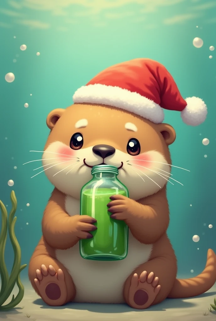 A cute sea otter wearing a Santa hat is drinking a green tea bottle because her cheeks are red