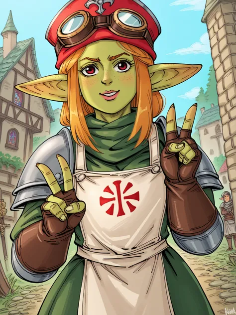 {{upper body, dutch angle}} {{Artist: bb_baalbuddy}} 1girl, young female, female goblin, shortstack, goggles on headwear, tunic, freckles, outdoors, standing, peace sign, pov, medieval fantasy, white apron, armor