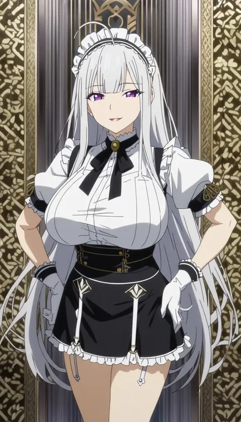 1woman, 20s, solo, full body, looking at viewer, light silver hair, long hair, straight hair, ahoge, seductive smile, happy, purple eyes, huge breasts, White maid, Short sleeve, miniskirt, maid headdress, White Upper arms long gloves, black kneehighs, Gart...