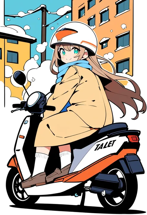 (masterpiece, best quality),popart,flatcolor,school girl is riding home on a scooter (Italjet Velocifero). detailed scooter,wide shot, brown longhair,cute face,Wearing a cute helmet, (school uniform,loafers),scarf  and white baggy socks. smile.Snowfall, wh...