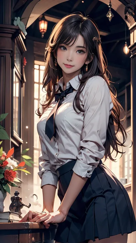 Young woman, Ayumi Murai, high school uniform, long hair, black or dark brown hair, tall, mysterious aura, asking for magical help, interest in black magic, playful expression, slightly curious gaze, gentle smile, youthful vibe, magic-related elements, hig...