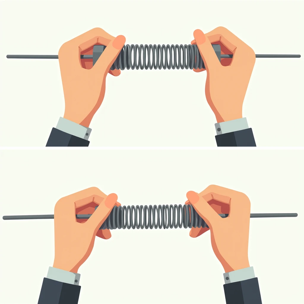 Create a cartoon-style image composed of two parts: The top part shows a pair of hands holding each end of an elongated spring. The bottom part shows a pair of hands holding each end of a compressed spring. Both images should be in the same cartoon style, ...