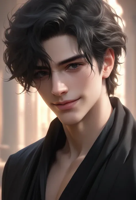 a handsome young man, black hair, black eyes, beautiful detailed eyes, beautiful detailed lips, villain, 1boy, ultra-realistic, 8k, highly detailed, photorealistic, masterpiece, dramatic lighting, moody atmosphere, chiaroscuro, dark and gritty, high contra...