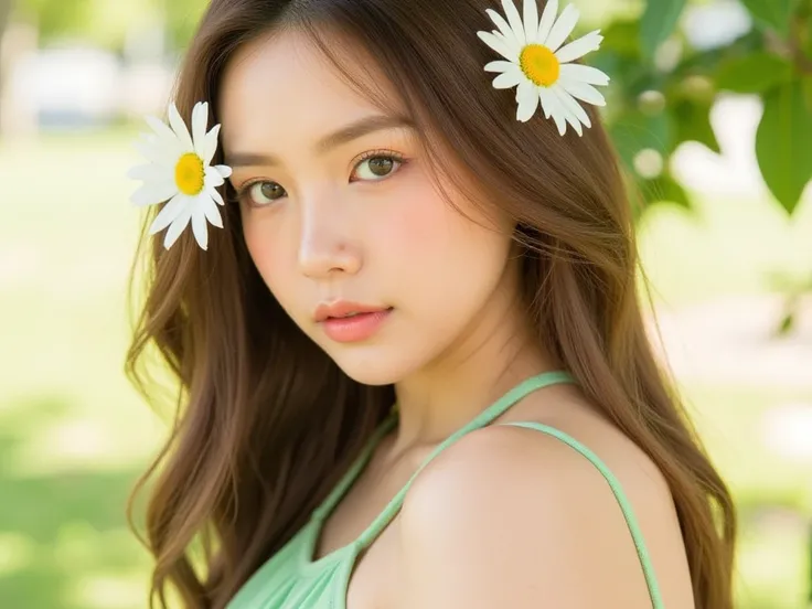 A petite young woman with long brown hair, beautiful eyes, long lashes, pretty dark and wavy brows, framed a gentle face against a bright and serene backdrop. Her light tan and delicate makeup created a radiant complexion. Large white daisies adorned her h...