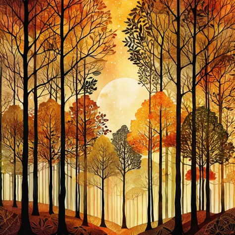 Best quality, high resolution, best composition, Zentangle style, Twilight forest with autumn leaves, a forest of very tall and thin-trunked trees, whose leaves are a beautiful gradient shade of autumn, dense undergrowth, a golden mist in the sky, the sun ...