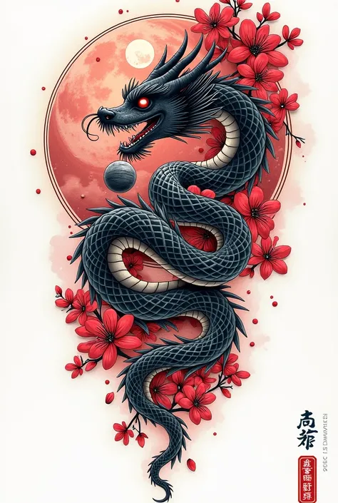  Make a template for a dragon tattoo fused with a snake only drawing, unfilled black , with red sakura leaves and say in Chinese letters Abigail , Also add the Moon and Saturn 

