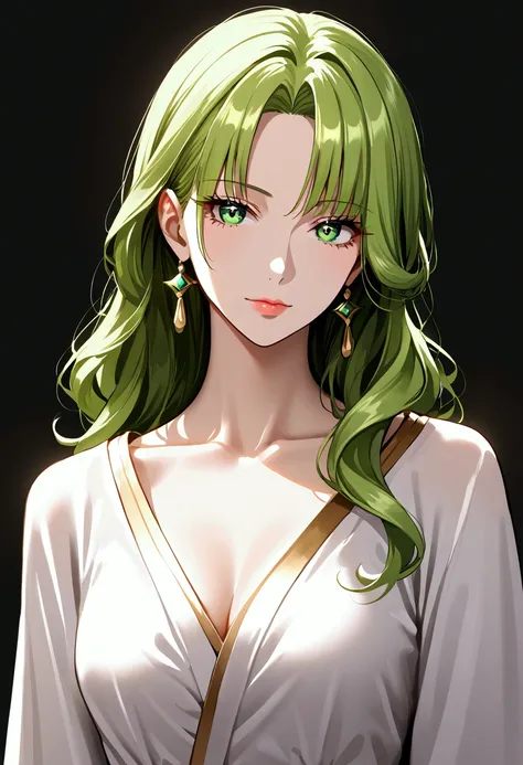 masterpiece, best quality, highres, absurdres, source_anime, colourful, 1girl, solo, woman, beautiful, refined, womanly, mature, straight hair, green hair, long hair, symmetrical hair, smooth hair, clean hair, straight bangs, confident expression, sassy ex...