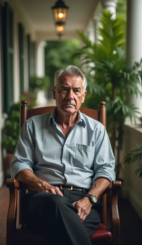 A white man in his 50s sits back in a rocking chair on his veranda.
A beautiful garden can be seen in the background, creating a calm and peaceful atmosphere.
The man looks thoughtful and serious as he rocks slightly in the rocking chair