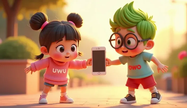 A close-up scene from the waist up, showing girl and boy in a playful argument over a single smartphone, illustrated in 3D Pixar animation style with a pastel color palette. Uwu, a cute girl with her hair styled in two buns and bangs, Clear hair fiber, flu...