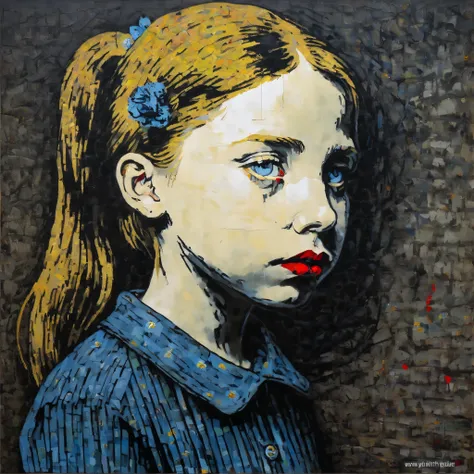 Super detailed, Van Gogh, Banksy style, melancholy 1 girls head, middle-length hair, (exquisite facial expression depiction by light and shadow), red small lips, center, masterpiece