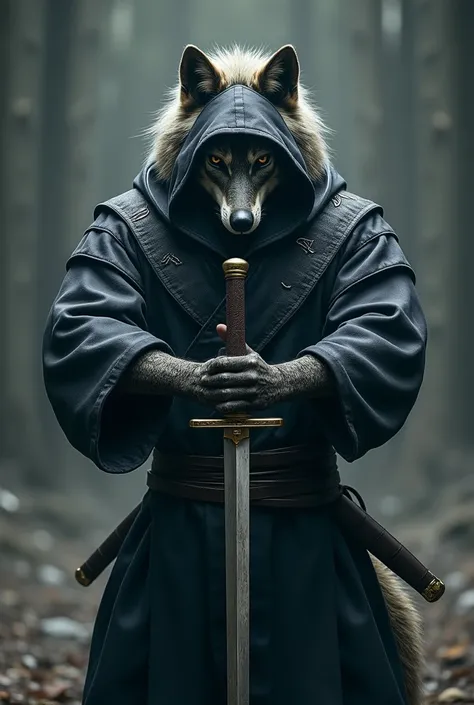 Lone mythological wolf dressed as the historical ninja warrior Tien A Sword out of a very difficult situation seen from the front with a sure look .