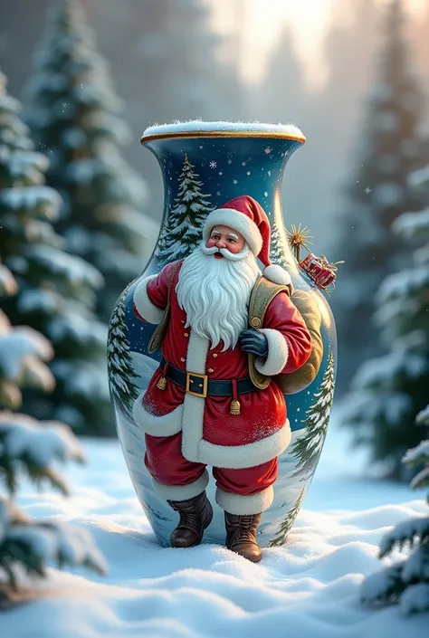 A vase with the image of Santa Claus with a bag of gifts on a snowy lawn and Christmas trees,  masterpiece fails,  better quality ,  complex , bright colors,  as much detail as possible , 8 k,