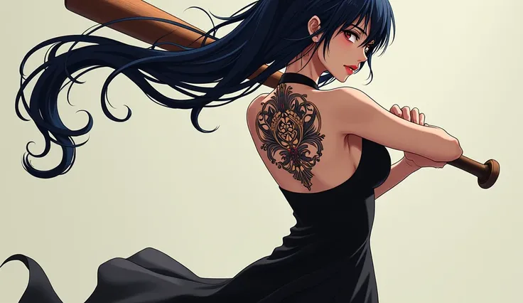 a cute beautiful woman , got a tattoo on her back wearing a black dress , holding a baseball bat preparing for a fight ,  anime style 