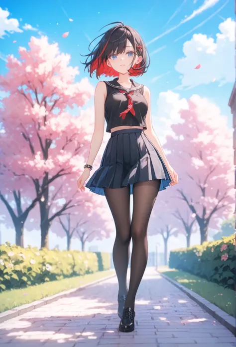 1girl,solo,black hair,multicolored hair, red hair,bob cut,blue eyes,black tops,sleeveless,pleated skirt,mini skirt,pantyhose,black shoes,blue sky,clear sky,vibrant colors,  with cinematic lighting and a cinematic angle,flower park,wind
