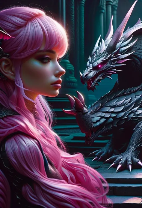 Cyberpunk l close up pink haired female with a black dragon next to her, portrait, clear sharp focus, featuring a dark and eerie atmosphere hyper realistic, 8K professional photography art, photorealistic masterpiece: by aaron horkey and jeremy mann: intri...