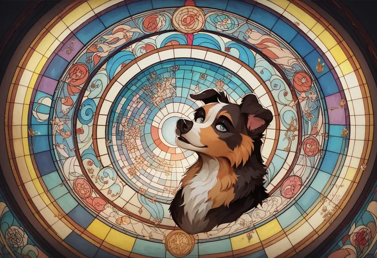 a close up of a Australian Shepherd dog, Renaissance, art,  masterpiece backlit stained glass style, intricate stained glass , gothic,Australian Shepherd Dog centered 