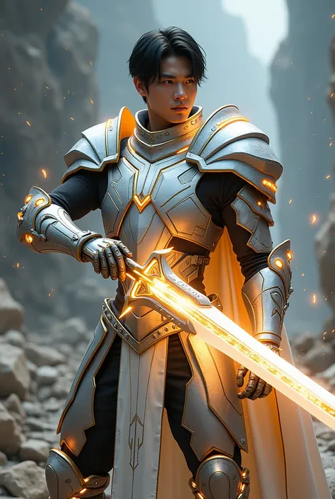 (photorealism:1.2), Handsome Korean man with dark hazel short hair, a tough knight with full combat gear and cybernetic appearance. Stunning standing pose among the rocks. Wearing a complete full glowing cyberpunk silver gold armor with neon on his armor. ...