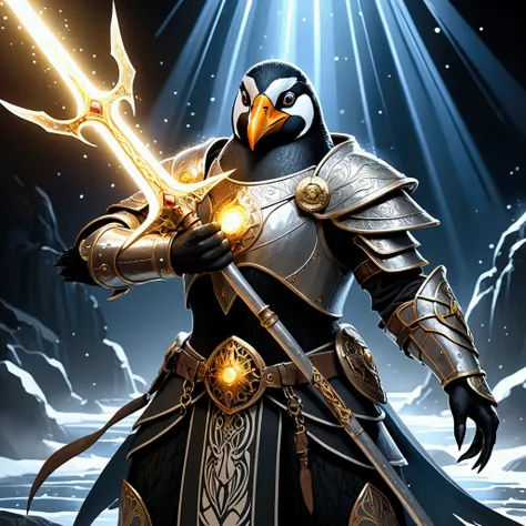 Closeup, Comic book art style, An extremely badass penguin paladin, holy warrior, surround by divine rays of light and magical sparkles, heavy armour, fantasy penguin, cold, beak, holding a giant glowing sword, dynamic pose, tough, bad ass, penguin feature...