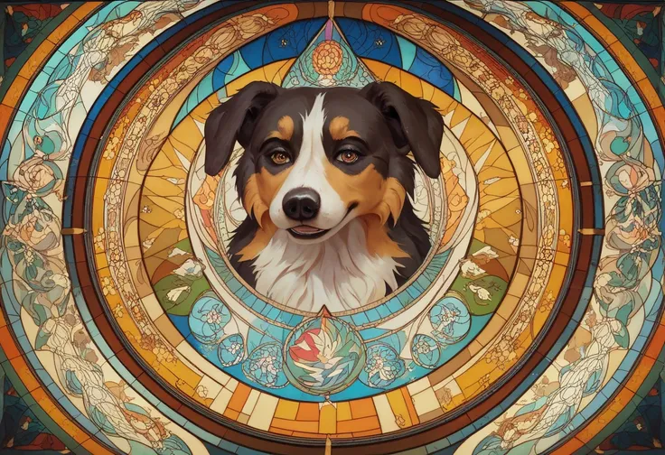 a close up of a Australian Shepherd dog, Renaissance, art,  masterpiece backlit stained glass style,a close up of a Australian Shepherd dog, Renaissance, art,  masterpiece backlit stained glass style,The dogs whole body fits in the frame