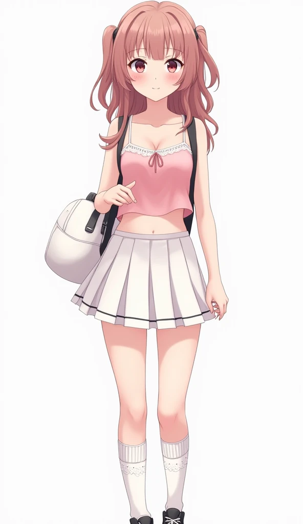 Anime adolescent woman with long loose hair with two pigtails in shades of pink wears a short top in pastel pink and showing her abdomen and with an elegant and feminine design. It has thin straps and a white lace trim on the upper part that adds a romanti...