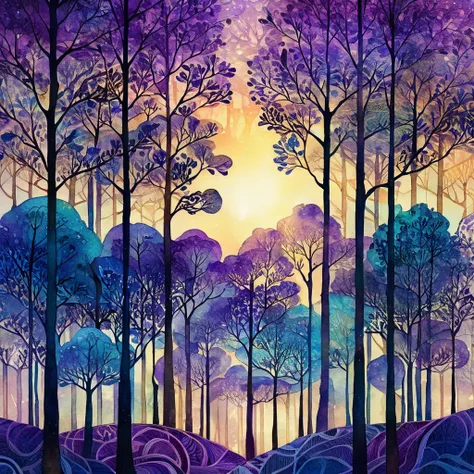 Best quality, high resolution, best composition, Zentangle style, forest at dusk, a grove of very tall, thin-trunked trees, their leaves are vibrant shades of purple and blue, there is dense undergrowth, a golden mist hangs in the sky, the sun can be seen ...