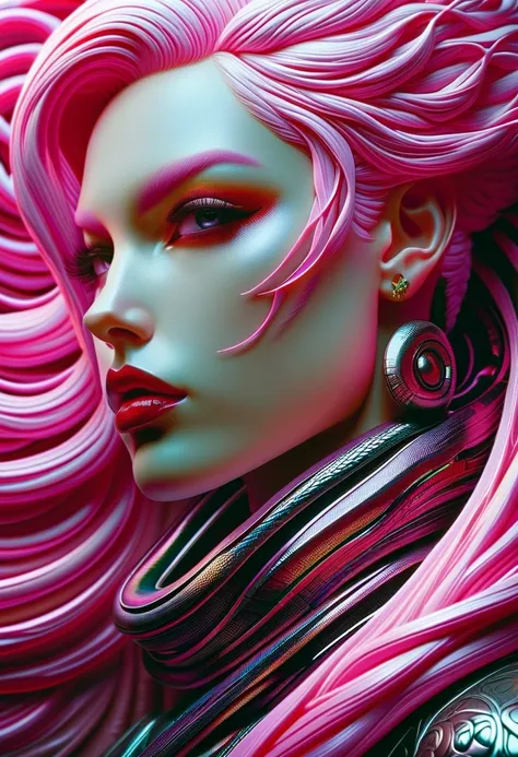 Cyberpunk l close up pink haired female with a white anaconda around her neck, portrait, clear sharp focus, featuring a dark and eerie atmosphere hyper realistic, 8K professional photography art, photorealistic masterpiece: by aaron horkey and jeremy mann:...