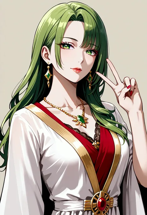 masterpiece, best quality, highres, absurdres, source_anime, colourful, 1girl, solo, woman, beautiful, refined, womanly, mature, straight hair, green hair, long hair, symmetrical hair, smooth hair, clean hair, straight bangs, sassy expression, emerald eyes...