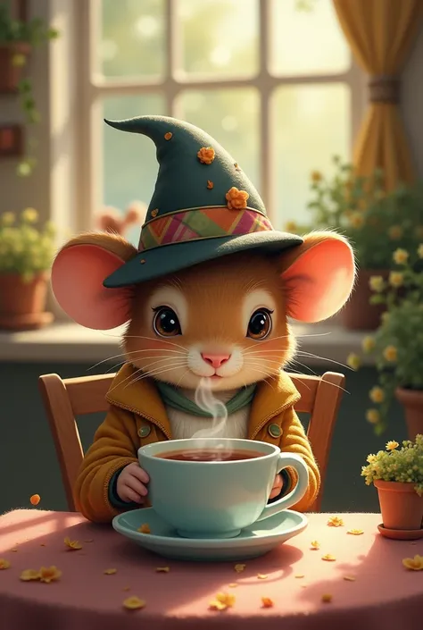  The mouse in the hat is drinking tea. Tea is steaming 