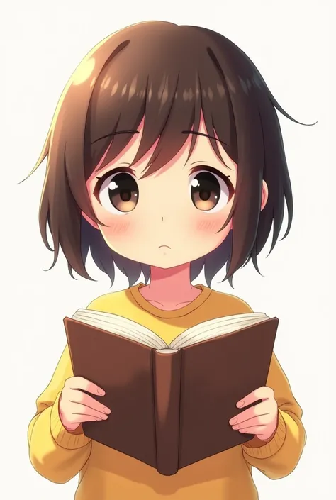 Girl with short shoulder-length hair in medium brown with lenses that look dark and dark and with a book in her hands cartoon image 