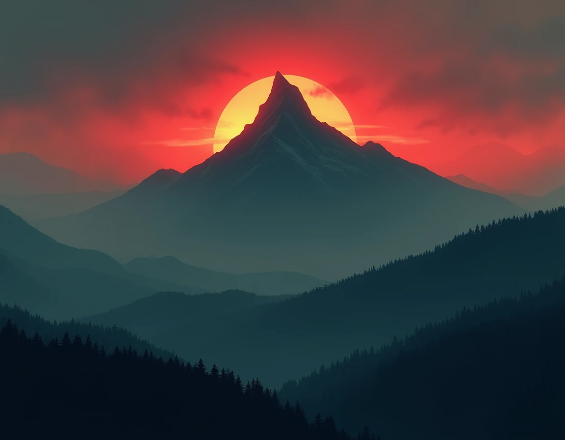  start by sketching a silhouette of a mountain with a prominent peak and rolling hills in the foreground. Use a dark color palette for the hills and base of the mountain to create depth and mystery. For the sky, blend vibrant red and green hues to create a...