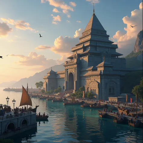 The ancient archipelago kingdom of magnificent stone with a tiered rocky triangular roof next to the harbour beside it in the dusk of a beautiful day there are bird birds on it the people are busy working warship boats with large open sails