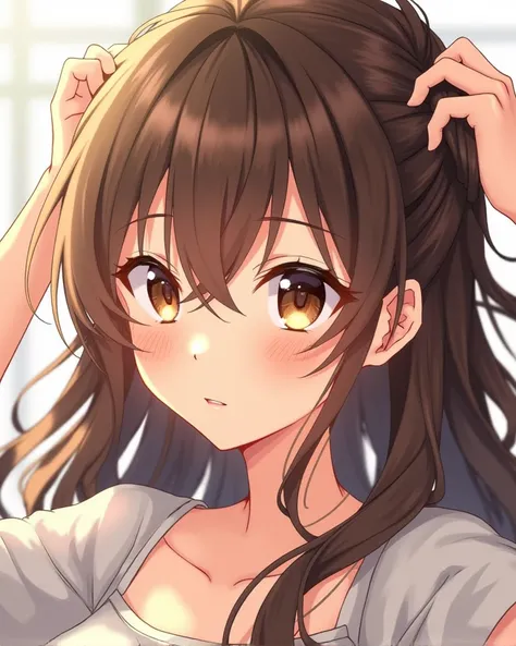 A beautiful anime girl trying to tie her hair back . she has brown eyes . her front hqir is all over her front 