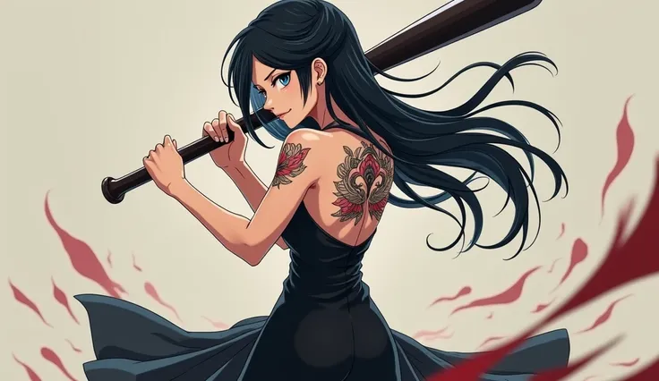 a cute beautiful woman , got a tattoo on her back wearing a black dress , holding a baseball bat preparing for a fight ,  anime style 