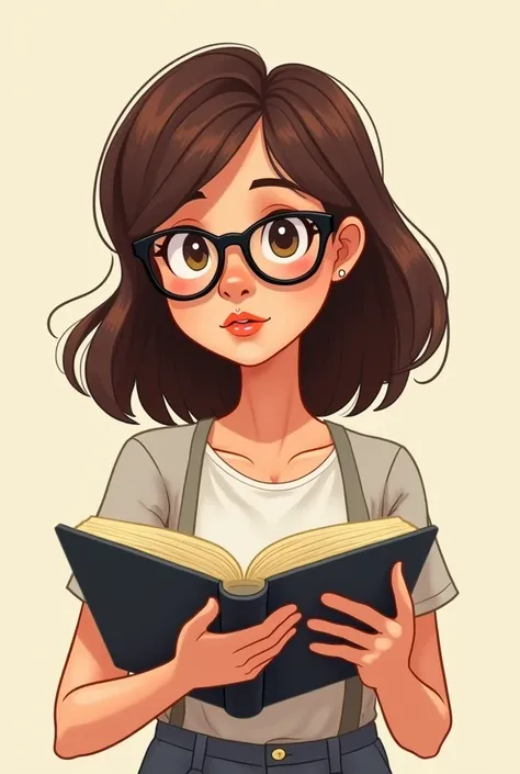 Woman with short shoulder-length hair in medium brown with lenses that look dark and dark and with a book in her hands cartoon image 