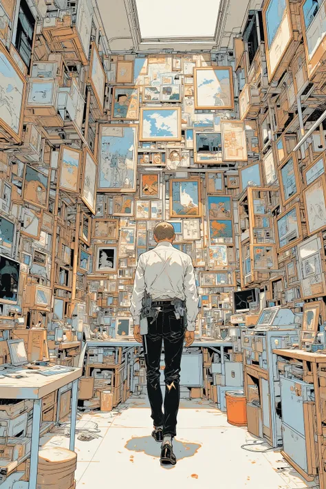 Drawing of a man in formal attire walking through a room with lots of pictures on the wall, Maurizio Cattelan ,  beautiful museum-like room photo ,  museum-like room photo shot , Portrait of a museum curator ,  MUSEUM COLLECTION , matt collishaw,  Ai Weiwe...