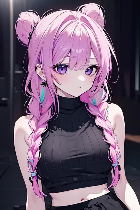 1girl, long pink and purple hair, twin buns hairstyle, braided hair, earrings, cool outfit, black camisole, midriff, (best quality,4k,8k,highres,masterpiece:1.2),ultra-detailed,(realistic,photorealistic,photo-realistic:1.37),intricate details, digital art,...