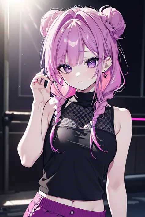 1girl, long pink and purple hair, twin buns hairstyle, braided hair, earrings, cool outfit, black camisole, midriff, (best quality,4k,8k,highres,masterpiece:1.2),ultra-detailed,(realistic,photorealistic,photo-realistic:1.37),intricate details, digital art,...